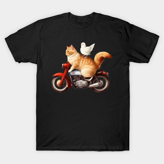 cat and chicken riding motorcycle T-Shirt by TrvlAstral